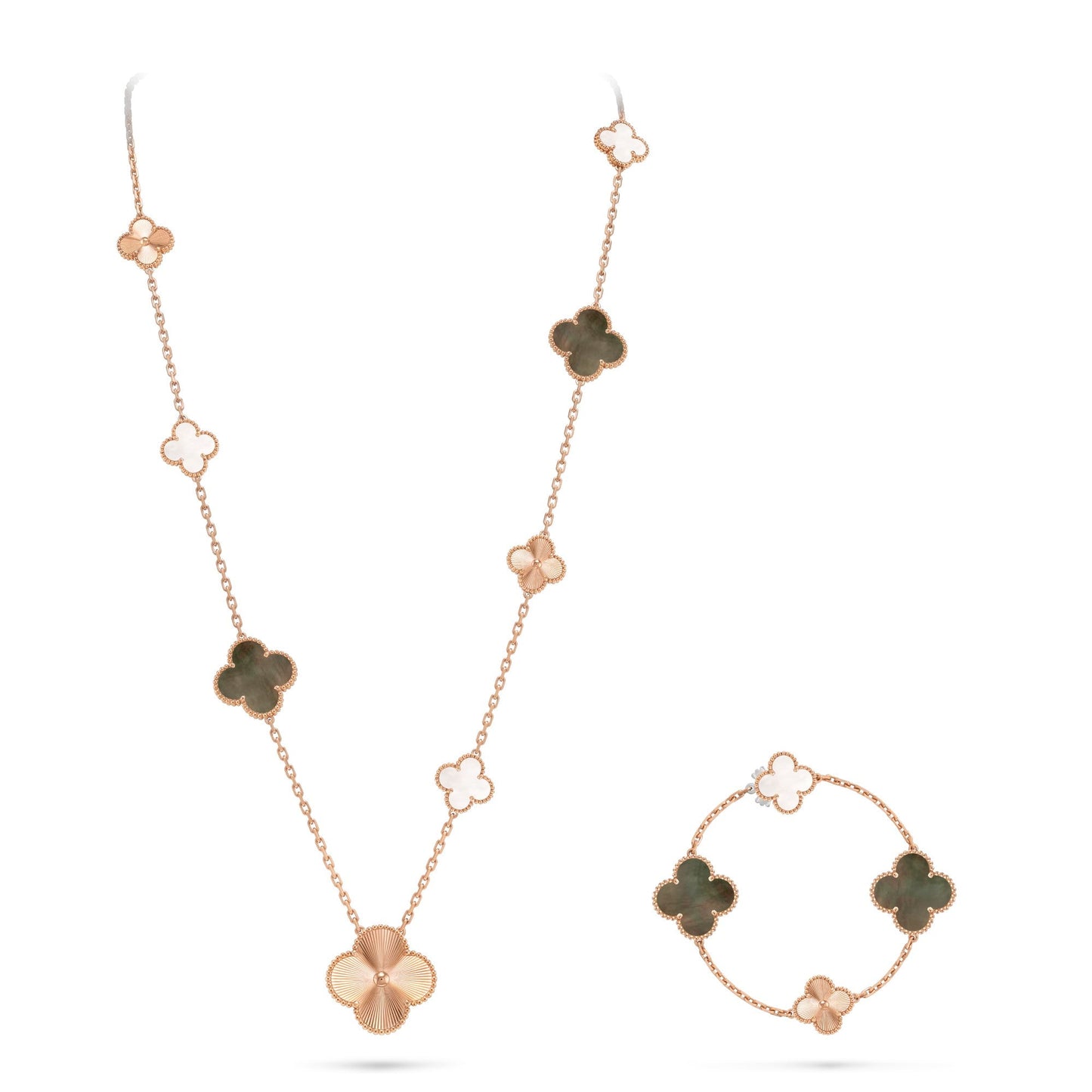 [Raffine]DETACHABLE CLOVER 15(11+4) FLOWER ROSE GOLD NECKLACE SET