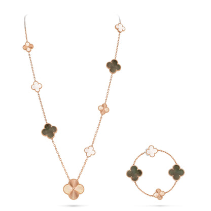 [Raffine]DETACHABLE CLOVER 15(11+4) FLOWER ROSE GOLD NECKLACE SET