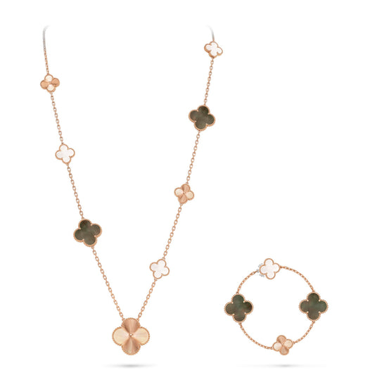 [Raffine]DETACHABLE CLOVER 15(11+4) FLOWER ROSE GOLD NECKLACE SET