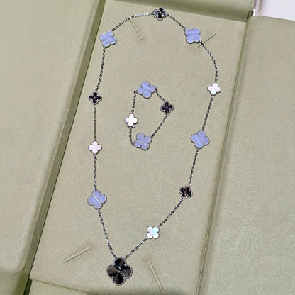 [Raffine]DETACHABLE CLOVER 15(11+4) FLOWER SILVER NECKLACE SET