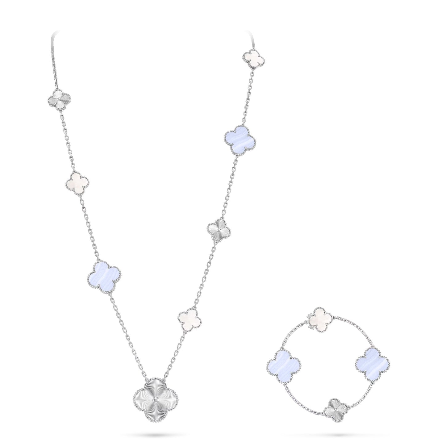 [Raffine]DETACHABLE CLOVER 15(11+4) FLOWER SILVER NECKLACE SET