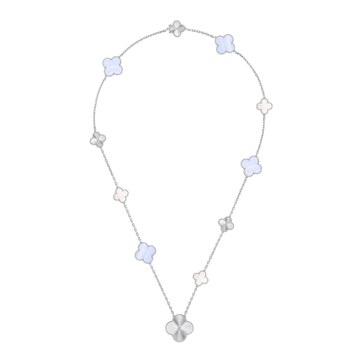 [Raffine]DETACHABLE CLOVER 15(11+4) FLOWER SILVER NECKLACE SET