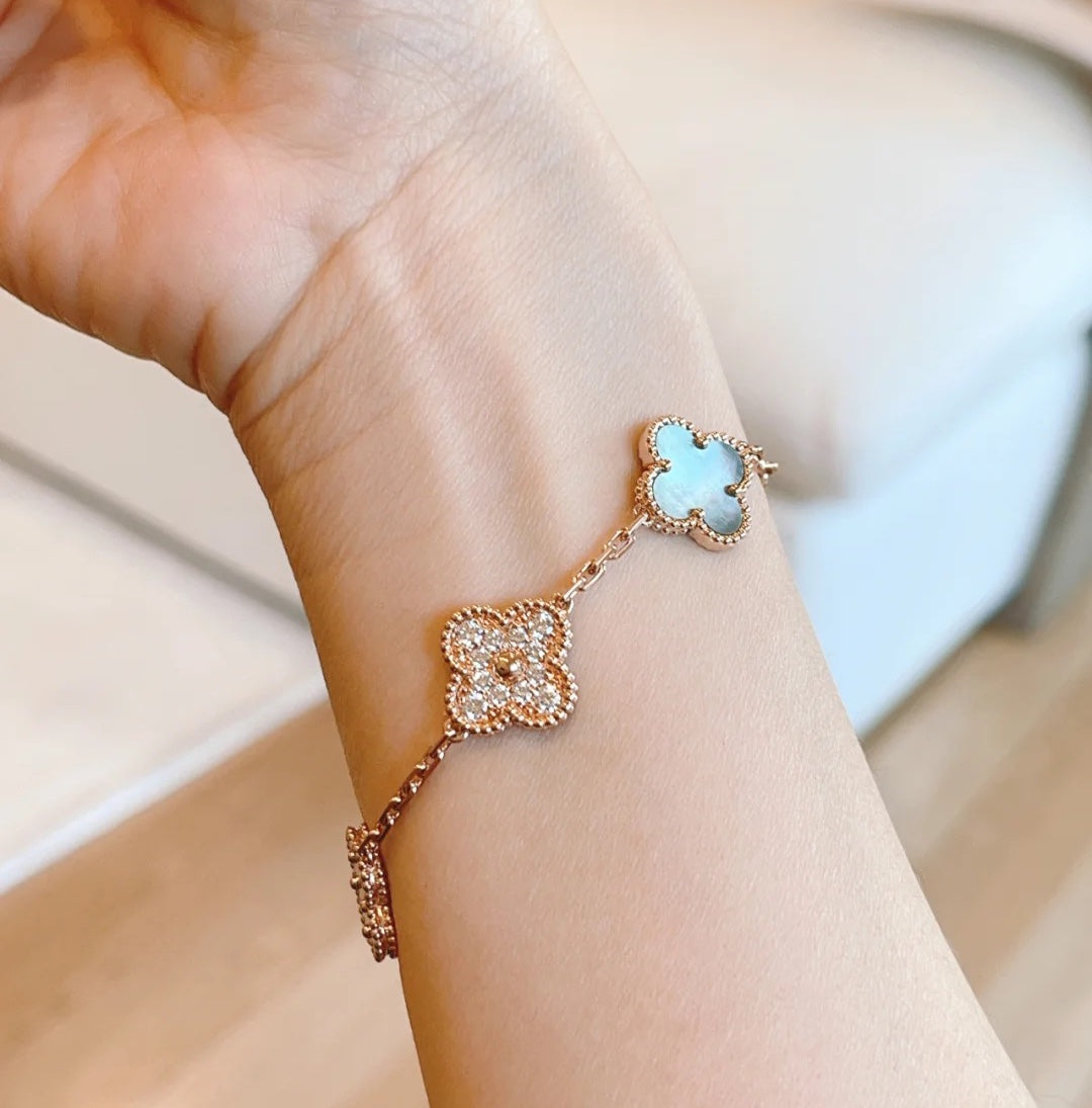 [Raffine]CLOVER 5 MOTIFS DARK MOP AND DIAMONDS PINK GOLD BRACELET